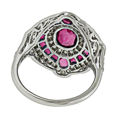 Art Deco Style 1.10ct Oval and Faceted Cut Ruby 0.63ct Round Cut Diamond Ring
