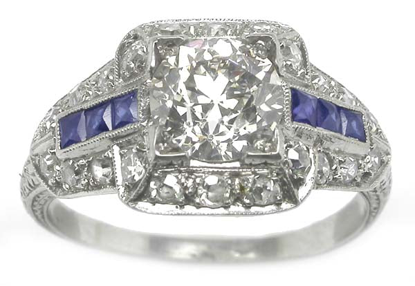 Art Deco Style 1.13ct Diamond & Sapphire Platinum Engagement Ring