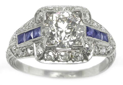 Art Deco Style 1.13ct Diamond & Sapphire Platinum Engagement Ring