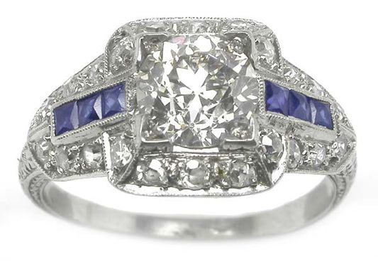 Art Deco Style 1.13ct Diamond & Sapphire Platinum Engagement Ring