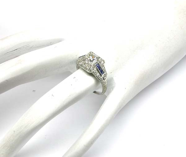 Art Deco Style 1.13ct Diamond & Sapphire Platinum Engagement Ring