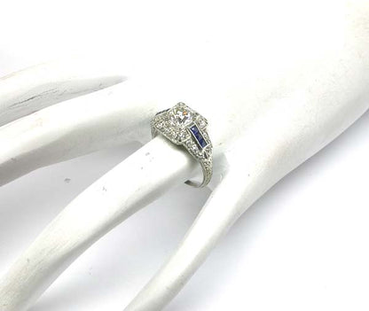Art Deco Style 1.13ct Diamond & Sapphire Platinum Engagement Ring