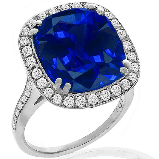 Art Deco Style 12.04ct Cushion Cut Ceylon Sapphire and Diamond Platinum Ring