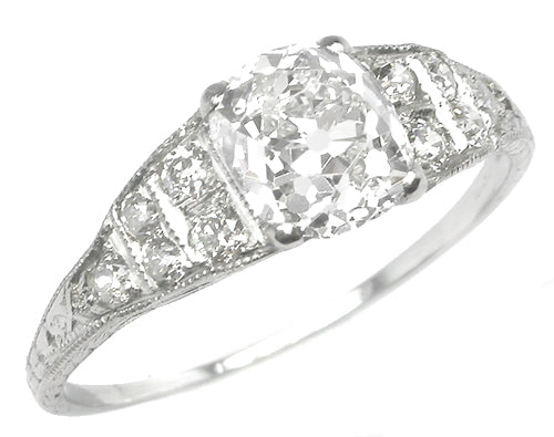 Art Deco Style 1.42ct Old Mine Brilliant Diamond Platinum Engagement Ring
