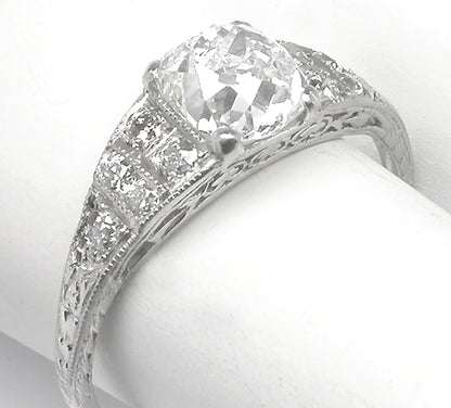 Art Deco Style 1.42ct Old Mine Brilliant Diamond Platinum Engagement Ring