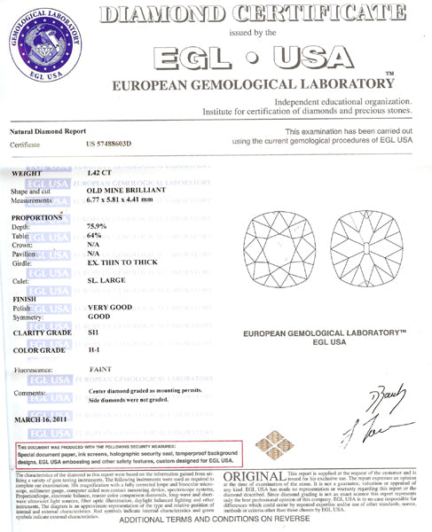 Art Deco Style 1.42ct Old Mine Brilliant Diamond Platinum Engagement Ring