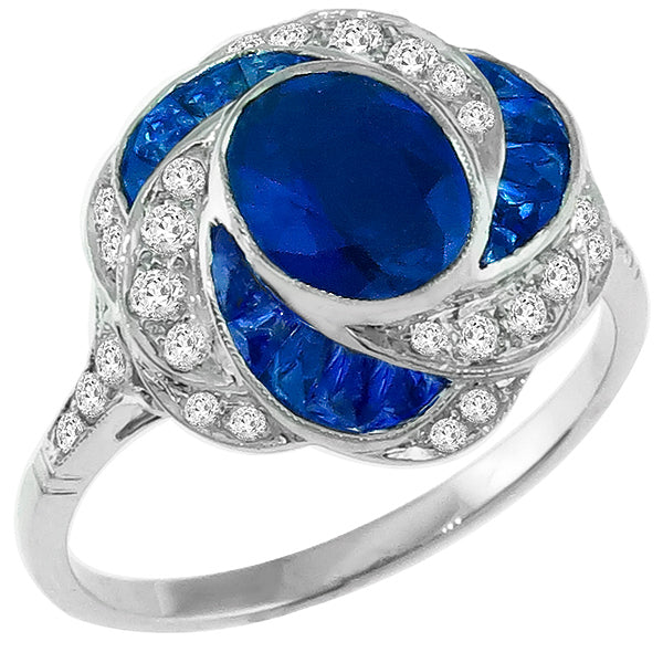 Art Deco Style 1.50ct Oval Sapphire and Diamond Diamond 18k White Gold Ring