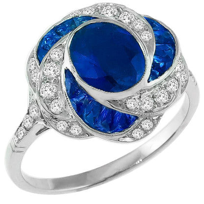 Art Deco Style 1.50ct Oval Sapphire and Diamond Diamond 18k White Gold Ring