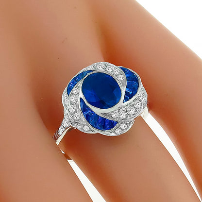 Art Deco Style 1.50ct Oval Sapphire and Diamond Diamond 18k White Gold Ring