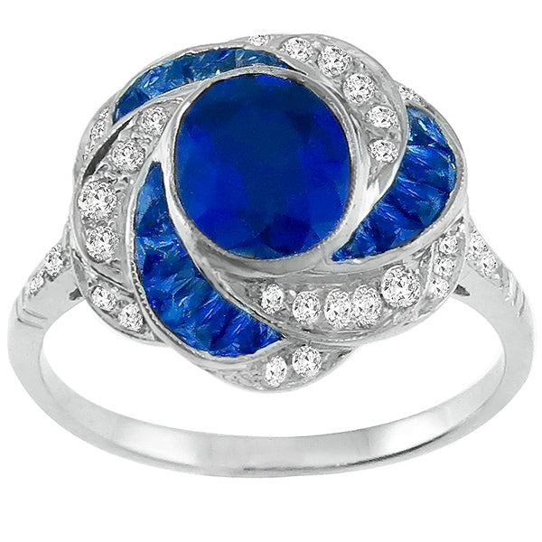Art Deco Style 1.50ct Oval Sapphire and Diamond Diamond 18k White Gold Ring