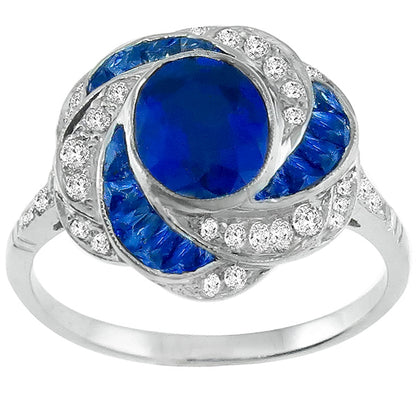 Art Deco Style 1.50ct Oval Sapphire and Diamond Diamond 18k White Gold Ring