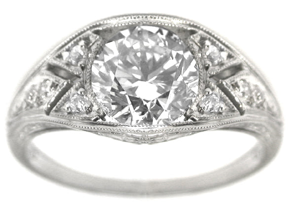 Art Deco Style 1.50ct Round  Cut Diamond 18k White Gold Engagement Ring