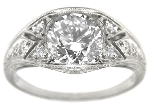 Art Deco Style 1.50ct Round  Cut Diamond 18k White Gold Engagement Ring