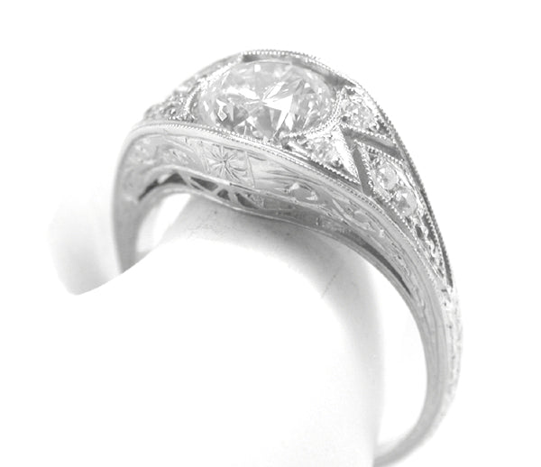 Art Deco Style 1.50ct Round  Cut Diamond 18k White Gold Engagement Ring