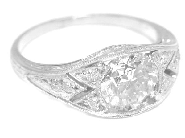 Art Deco Style 1.50ct Round  Cut Diamond 18k White Gold Engagement Ring