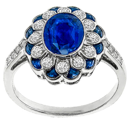 Art Deco Style 1.56 Carat Oval Sapphire and Diamond 18 Karat Gold Ring