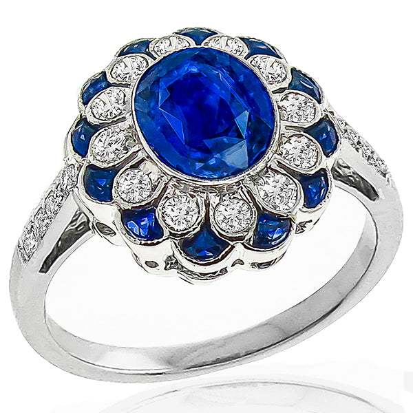 Art Deco Style 1.66ct Oval Cut Sapphire Diamond Ring in 18 Karat White Gold Ring