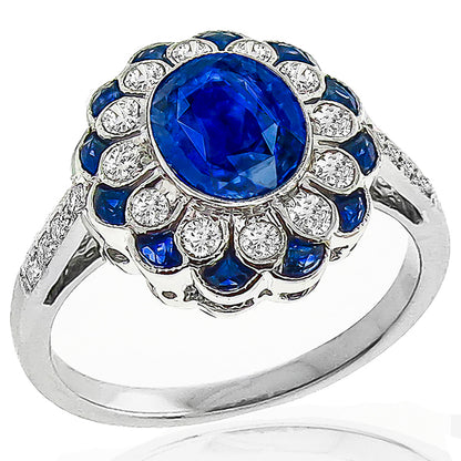 Art Deco Style 1.66ct Oval Cut Sapphire Diamond Ring in 18 Karat White Gold Ring