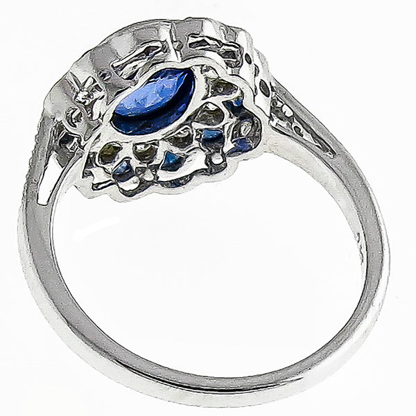 Art Deco Style 1.66ct Oval Cut Sapphire Diamond Ring in 18 Karat White Gold Ring