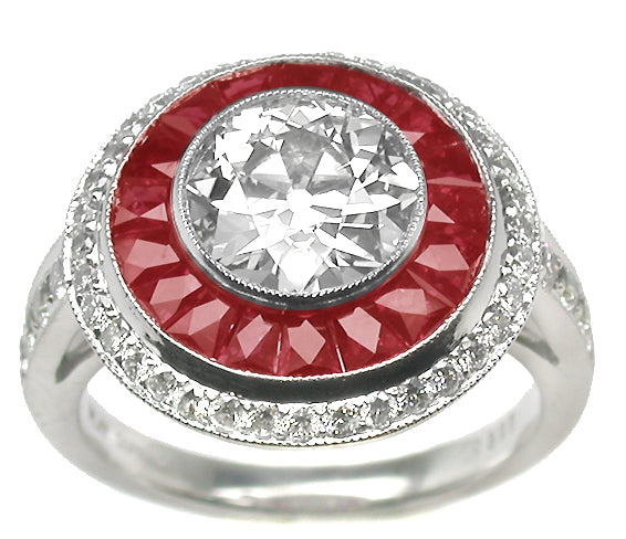 Art Deco Style 1.73ct  Diamond Ruby Platinum  Ring