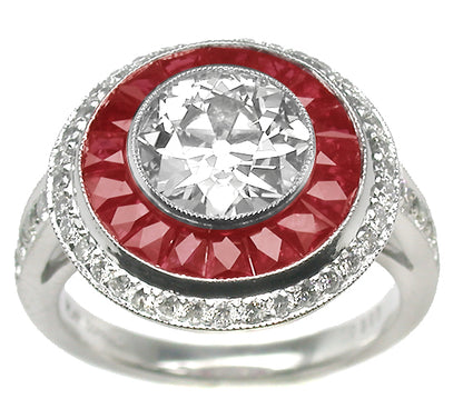 Art Deco Style 1.73ct  Diamond Ruby Platinum  Ring