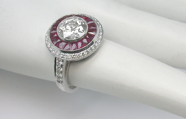 Art Deco Style 1.73ct  Diamond Ruby Platinum  Ring