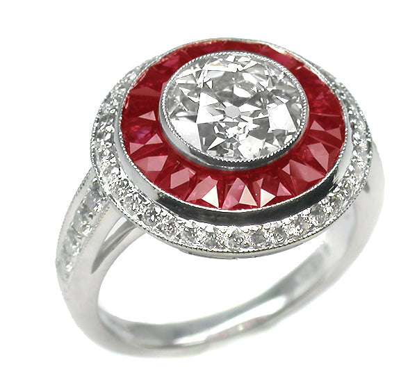 Art Deco Style 1.73ct  Diamond Ruby Platinum  Ring