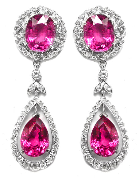 Art Deco Style 18k White Gold 11ct Rubelite  Diamond Earrings