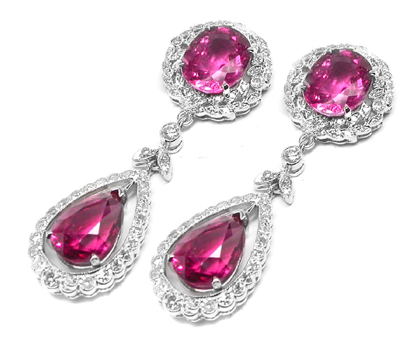 Art Deco Style 18k White Gold 11ct Rubelite  Diamond Earrings