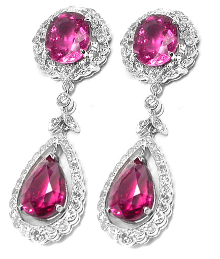 Art Deco Style 18k White Gold 11ct Rubelite  Diamond Earrings