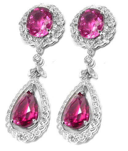 Art Deco Style 18k White Gold 11ct Rubelite  Diamond Earrings