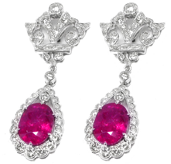 Art Deco Style 18k White Gold 7.42ct Rubelite Diamond Earrings