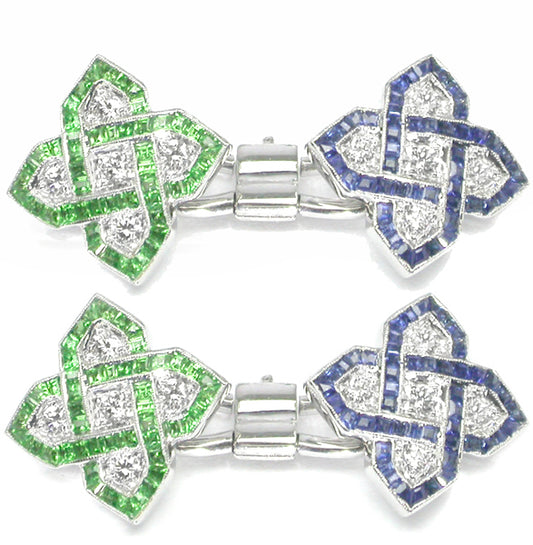 Art Deco Style 18k White Gold Diamond Tsavorite Sapphire Cufflinks