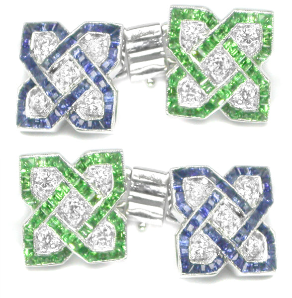 Art Deco Style 18k White Gold Diamond Tsavorite Sapphire Cufflinks