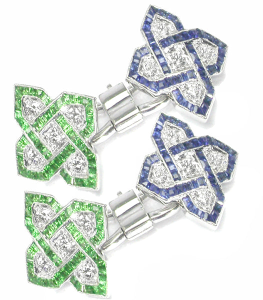 Art Deco Style 18k White Gold Diamond Tsavorite Sapphire Cufflinks