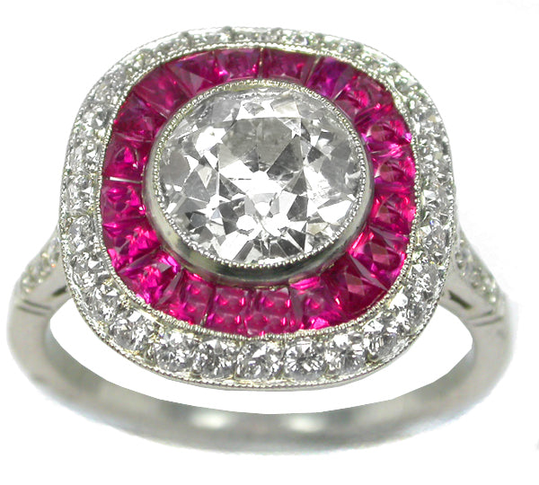 Art Deco Style 1.90ct Diamond  Ruby Platinum  Ring