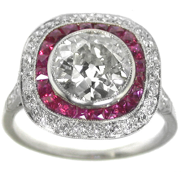 Art Deco Style 2.52ct OLd Mine  Diamond  Ruby Platinum  Ring