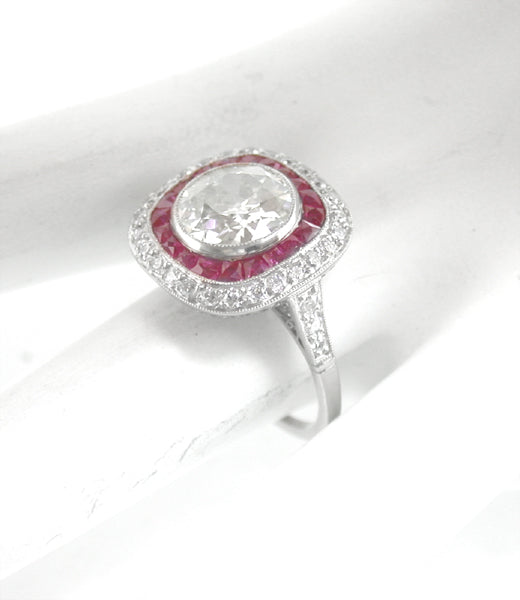 Art Deco Style 2.52ct OLd Mine  Diamond  Ruby Platinum  Ring