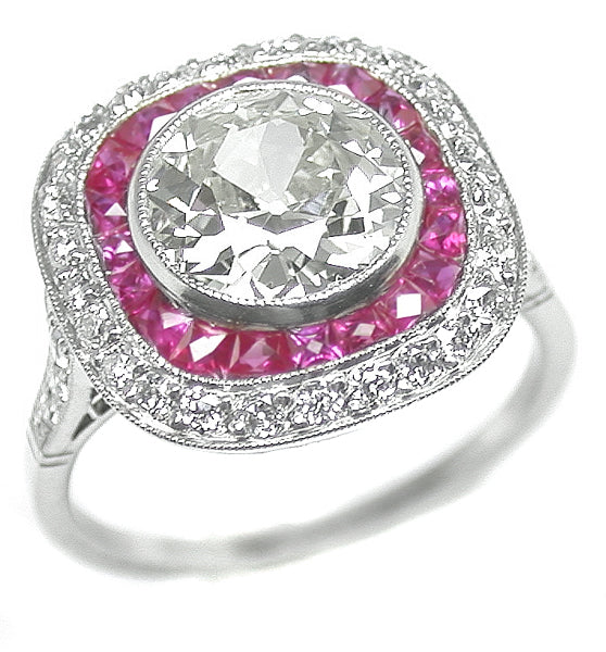 Art Deco Style 2.52ct OLd Mine  Diamond  Ruby Platinum  Ring