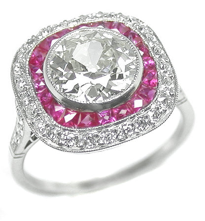 Art Deco Style 2.52ct OLd Mine  Diamond  Ruby Platinum  Ring