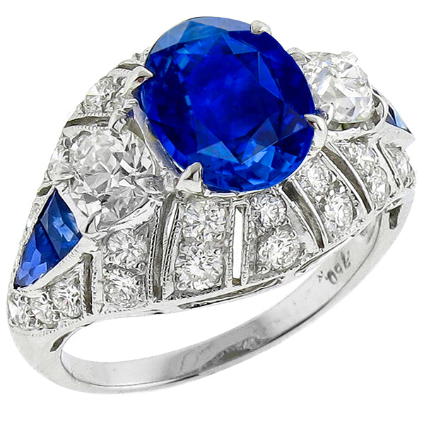 Art Deco Style 2.35 Carat Ceylon Sapphire Center Diamond Gold Ring