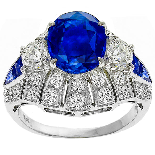 Art Deco Style 2.35 Carat Ceylon Sapphire Center Diamond Gold Ring