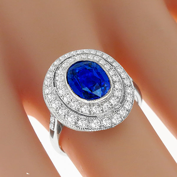 Art Deco Style 2.70 carat Oval Sapphire and Diamond 18 Karat White Gold Ring