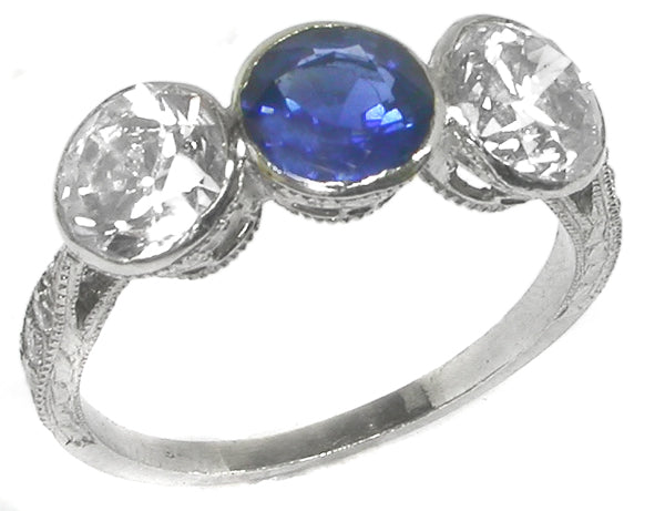 Art Deco Style 2ct Diamond 0.88ct Sapphire Platinum  Ring