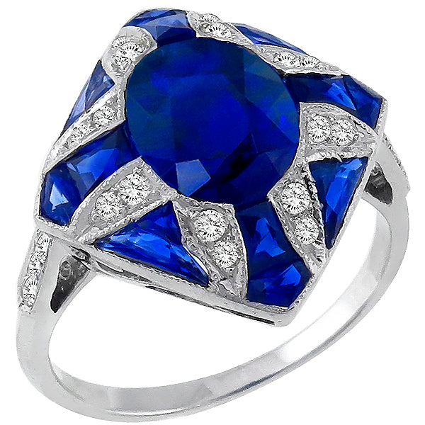 Art Deco Style 3.39ct Oval Sapphire and Diamond 18k White Gold Ring