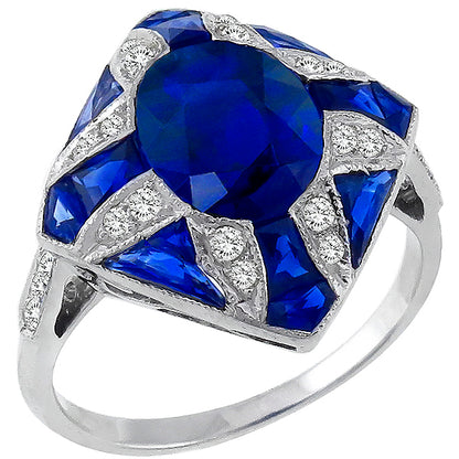 Art Deco Style 3.39ct Oval Sapphire and Diamond 18k White Gold Ring