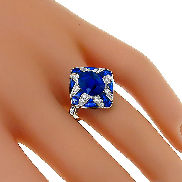 Art Deco Style 3.39ct Oval Sapphire and Diamond 18k White Gold Ring