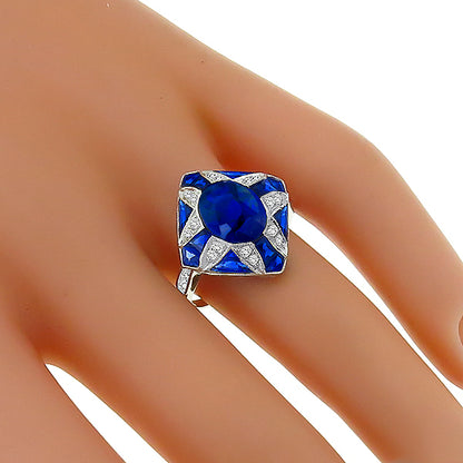 Art Deco Style 3.39ct Oval Sapphire and Diamond 18k White Gold Ring