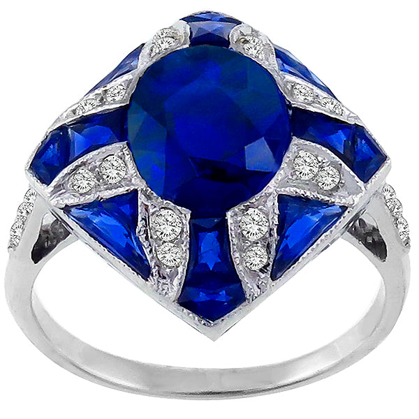 Art Deco Style 3.39ct Oval Sapphire and Diamond 18k White Gold Ring