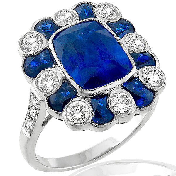 Art Deco Style 3.48ct Cushion Sapphire Diamond Ring in 18 Karat Gold